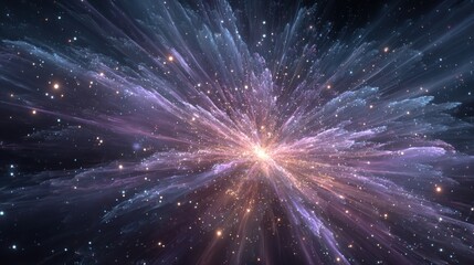 A vibrant cosmic explosion showcases a blend of colors spreading across the canvas of space. Bright stars twinkle amidst swirling clouds of gas and light, creating a mesmerizing celestial display.