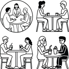 Two men sitting at a table with a laptop in front of them
vector illustration people at a table, icon
