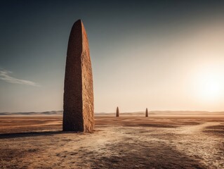 Fototapeta premium Two tall, slender stone structures stand in a vast, dry landscape.