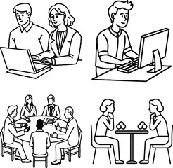 Two men sitting at a table with a laptop in front of them
vector illustration people at a table, icon
