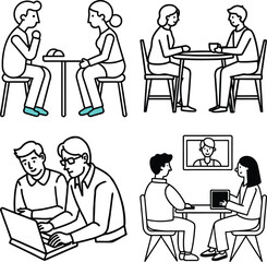 Two men sitting at a table with a laptop in front of them
vector illustration people at a table, icon
