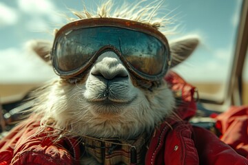 A whimsical alpaca sporting goggles and a puffy jacket, exuding charm and personality, blending humor and warmth to create a delightful, engaging image.