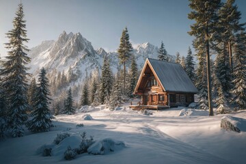 Snowy mountain landscape with a rustic log cabin.