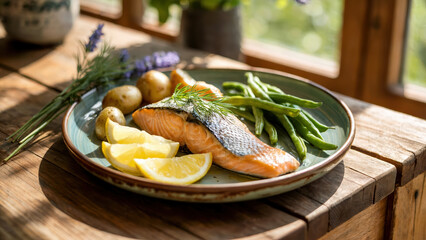 Perfectly cooked salmon with green beans, potatoes, and lemon on a rustic plate.
