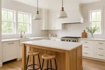 Fototapeta premium Bright contemporary farmhouse kitchen with white cabinets and rustic wooden accents in spacious open floor plan