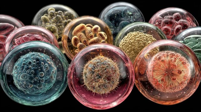 Various colorful microbial life forms are encapsulated in translucent spheres. Each sphere displays intricate details of different microorganisms, emphasizing their diversity and structure.