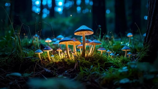 Enchanted mushroom cluster with glowing stems in a dark forest, surrounded by moss and bokeh lights, fantasy concept and magical environment