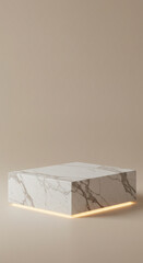 White marble square podium with a glowing base on a neutral beige background. Elegant stage offering a warm, minimalist presentation. Perfect for cosmetic, beauty, or luxury products.