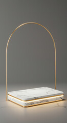 White marble podium with gold trim and a gold arch on a dark grey background. Luxurious stage providing a sophisticated, elegant display. Perfect for premium or art deco product themes.