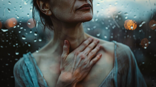 Distressed woman clutching chest with shallow breathing near rain streaked window, anxiety attack, panic disorder, mental health awareness, emotional stress and psychological suffering concept.