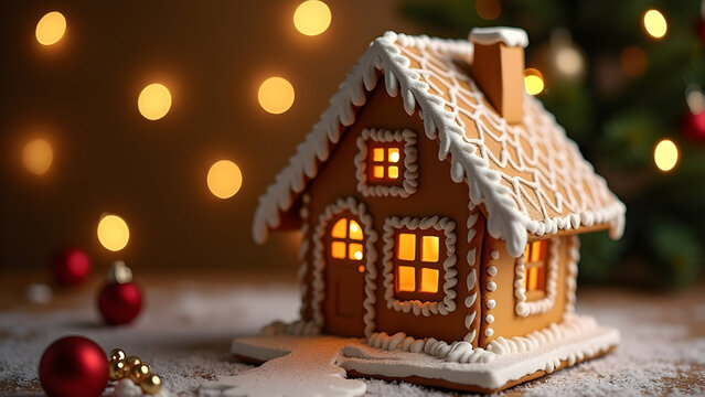 Gingerbread house on a christmas table with a background of lights.