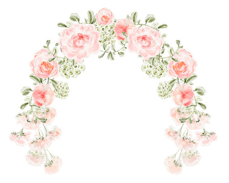 Watercolor floral arch with pink roses, peonies, and miniature roses. Botanical frame in soft pink and green tones. Perfect for invitation, greeting card, wedding, and design projects.
