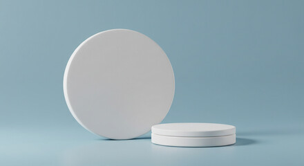 White podium with a circular backdrop on a light blue background. Minimalist stage offering a clean, fresh presentation. Perfect for cosmetic, wellness, or modern products.