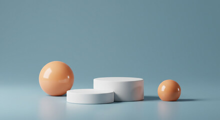 White and orange podiums with spheres on a light blue background. Modern stage providing a creative, playful display. Perfect for kids' products or contemporary brand themes.