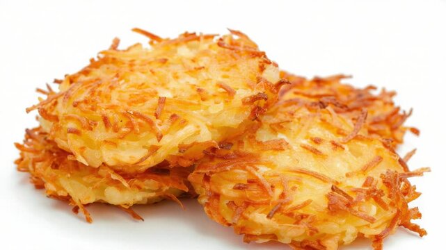 A plate of crispy hash browns served on a clean white background
