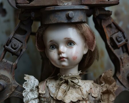 A visually stunning image of an elegant porcelain doll delicately held in a strong, industrial vice grip, challenging perceptions of fragility and resilience. The doll's eyes convey a haunting 