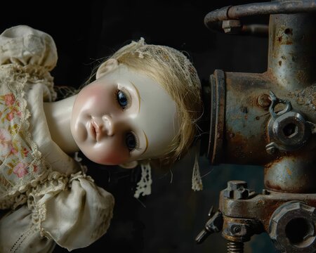 A visually stunning image of an elegant porcelain doll delicately held in a strong, industrial vice grip, challenging perceptions of fragility and resilience. The doll's eyes convey a haunting 