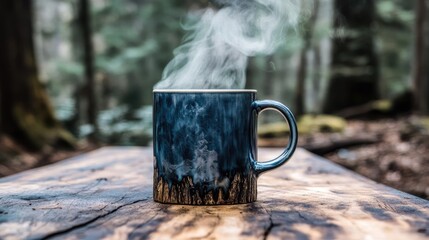 Steaming mug on a wooden table outdoors.