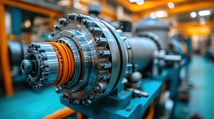 Close-up of industrial machinery with intricate details, showcasing metallic components and complex engineering.