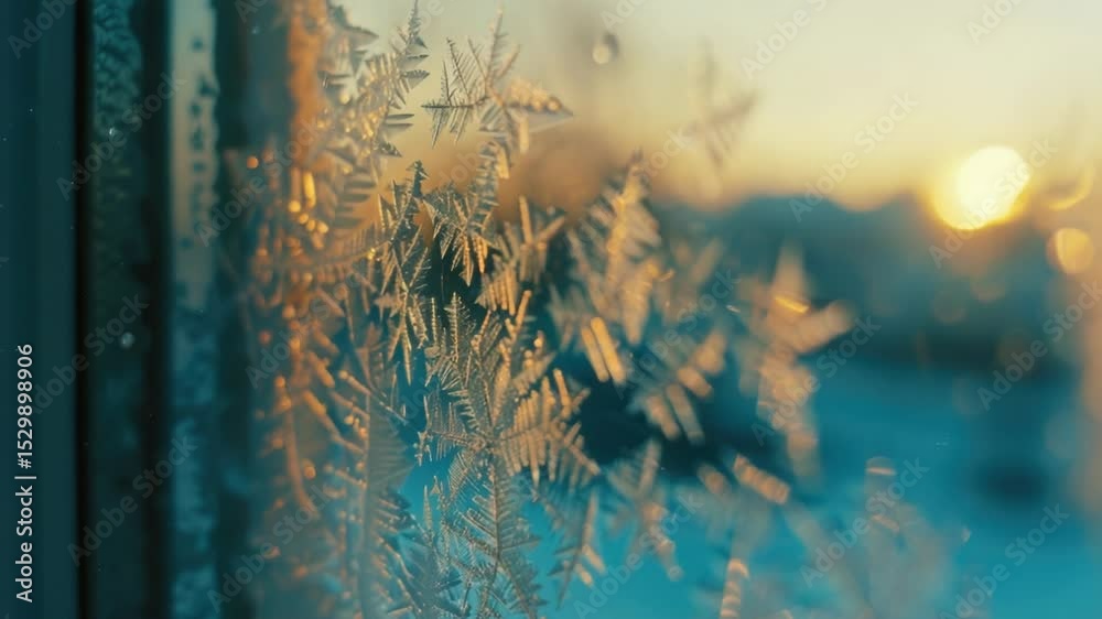 Poster A close-up shot of a frost-covered window with intricate ice patterns