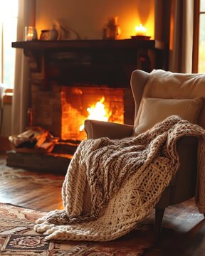 A warm and inviting photograph capturing a living room bathed in the soft glow of a crackling fireplace. The image focuses on a comfortable chair, draped with a knitted blanket
