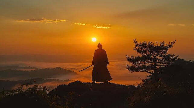 A warrior practicing sword techniques at dawn, the silhouette framed against a rising sun. The scene is set on a hilltop, with the first light of day casting long shadows and bathing the landscape