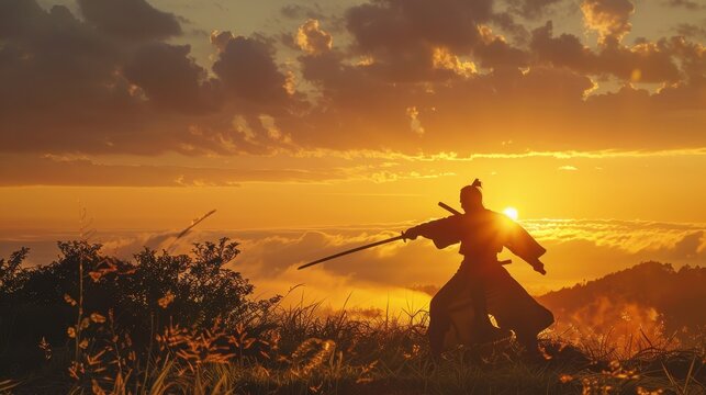 A warrior practicing sword techniques at dawn, the silhouette framed against a rising sun. The scene is set on a hilltop, with the first light of day casting long shadows and bathing the landscape