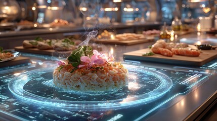 Futuristic AI-Cooking: An Exquisite Meal Created in a High-Tech Kitchen Setting