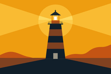 Lighthouse beacon at sunset minimalist illustration