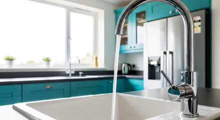 Modern kitchen with bright teal cabinets and running water in a sleek faucet during daytime