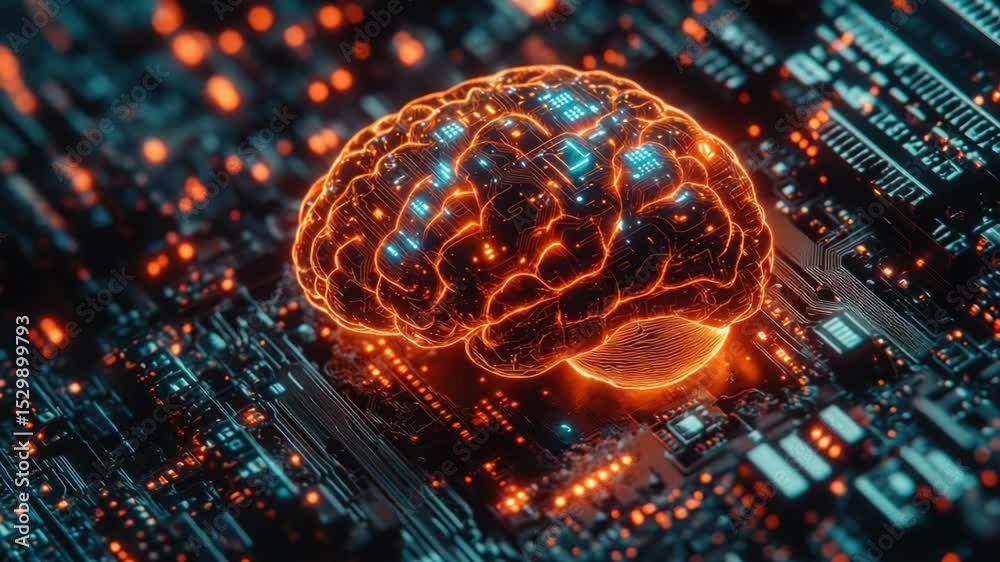 Aufkleber A futuristic computer circuit with a glowing brain component, suitable for sci-fi and technology themed projects
