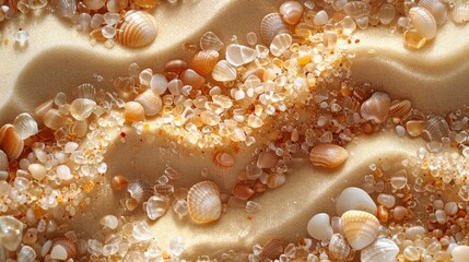 A stunning array of seashells gracefully rests on soft, golden sand, capturing the essence of beach beauty and nature's artistry amid tranquil coastal vibes.