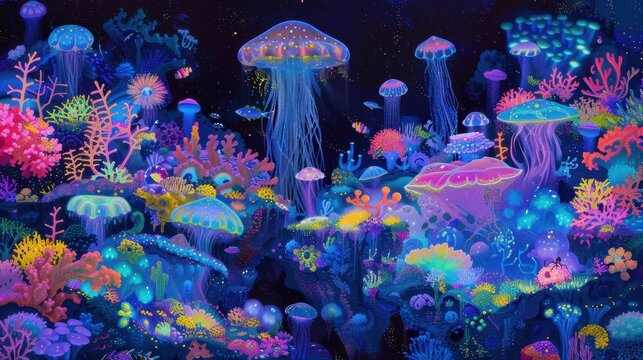 A whimsical and colorful illustration of a fantastical underwater world inhabited by playful Splurgles, small creatures with iridescent scales and bioluminescent patterns, swimming among vibrant coral