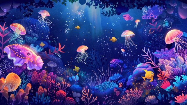 A whimsical and colorful illustration of a fantastical underwater world inhabited by playful Splurgles, small creatures with iridescent scales and bioluminescent patterns, swimming among vibrant coral