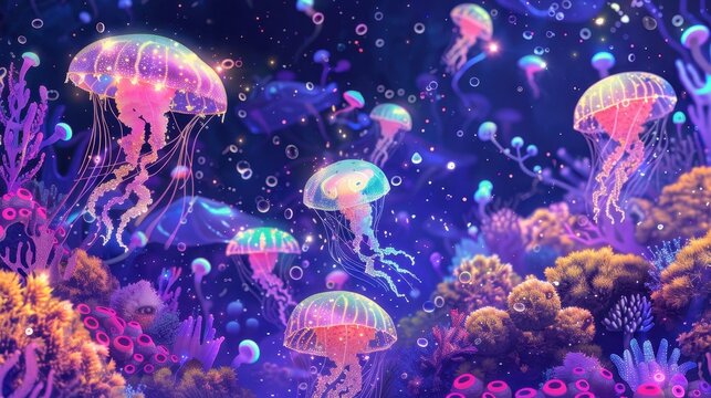 A whimsical and colorful illustration of a fantastical underwater world inhabited by playful Splurgles, small creatures with iridescent scales and bioluminescent patterns, swimming among vibrant coral