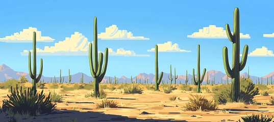 A wide-open desert with towering cacti under a clear blue sky