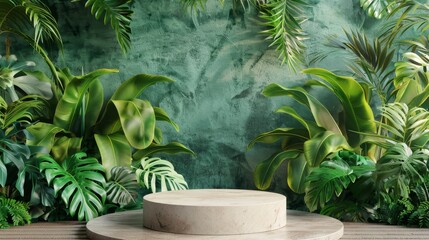 A vibrant and lush arrangement of tropical leaves against a rich green wall, creating an immersive natural environment ideal for backgrounds or nature-inspired designs.