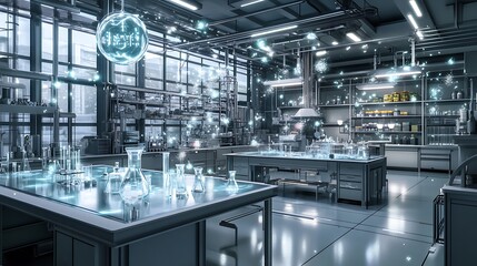 Naklejka premium A futuristic chemistry lab with floating chemical formulas