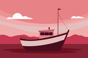 Naklejka premium Pink sunset boat minimalist illustration