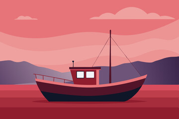 Small fishing boat at sunset in calm waters