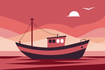 Small fishing boat at sunset seascape