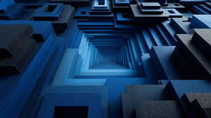 Abstract blue tunnel with square shapes receding into the distance creating a geometric pattern.