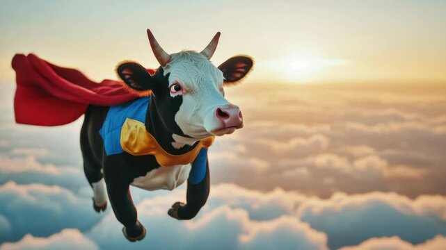 A cow soaring through the air wearing a cape