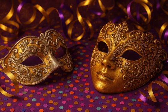 Vibrant carnival masquerade ball invitation with ornate Venetian masks and festive confetti on rich purple background