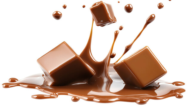 Decadent chocolate cubes with flowing caramel splash isolated against a black background for delicious food concepts