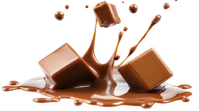 Decadent chocolate cubes with flowing caramel splash isolated against a black background for delicious food concepts