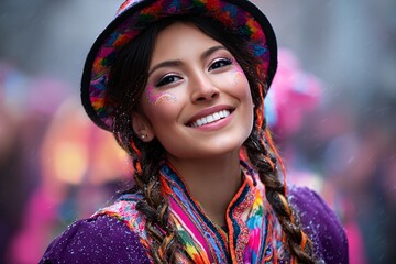 Cheerful Young Woman Enjoying a Lively and Colorful Street Festival Celebration