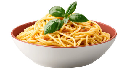 Delicious plate of spaghetti pasta with tomato sauce and fresh basil leaves in a ceramic bowl italian cuisine food photography