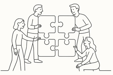 Team collaboration concept with diverse young adults assembling puzzle pieces