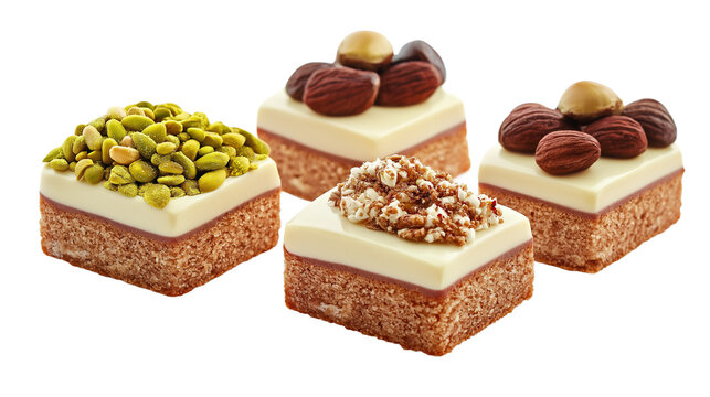 Exquisite assortment of gourmet petit fours featuring pistachios almonds hazelnuts and various nut toppings on a black background